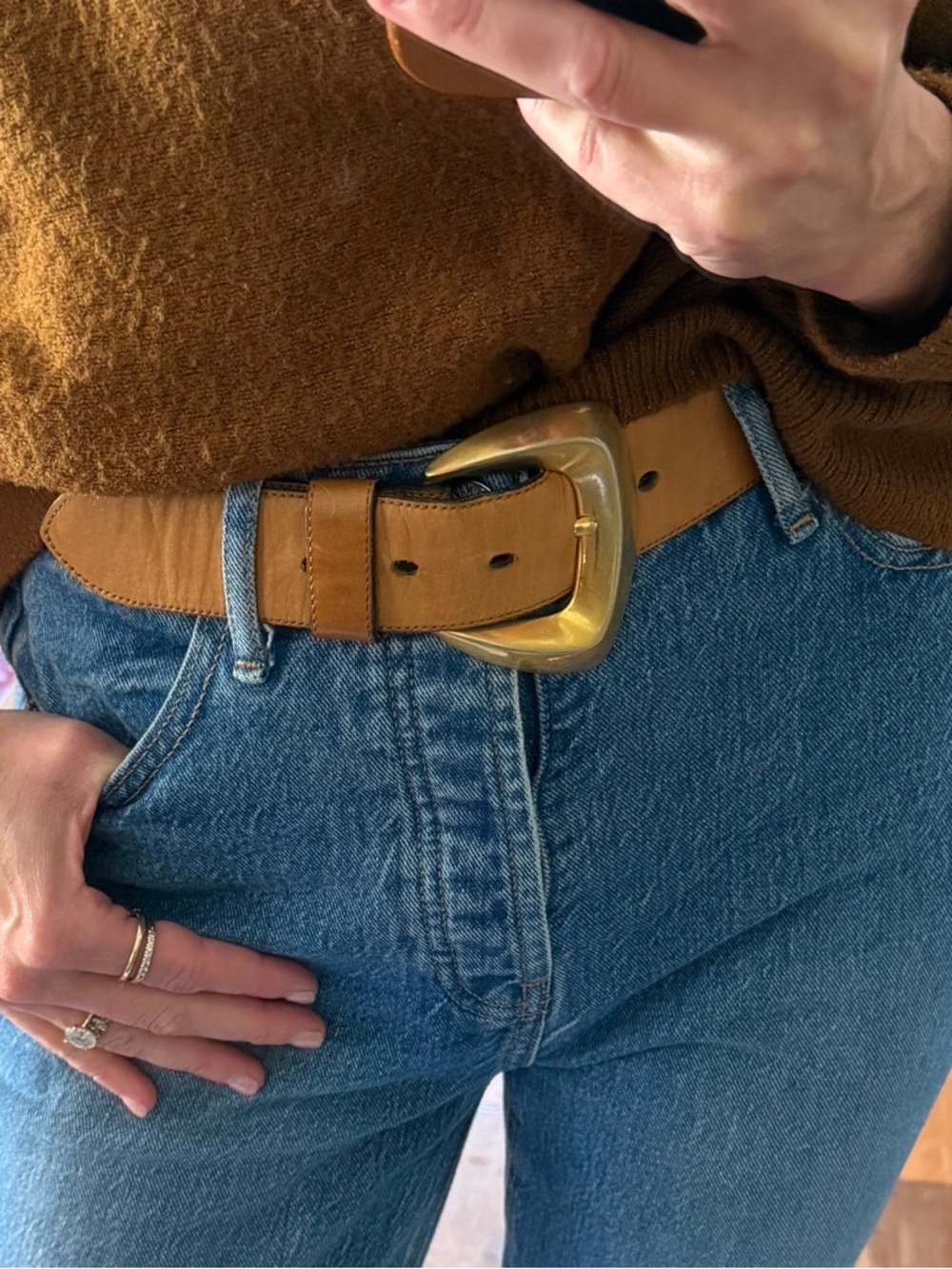 Vintage Tan Leather Belt with Gold Buckle